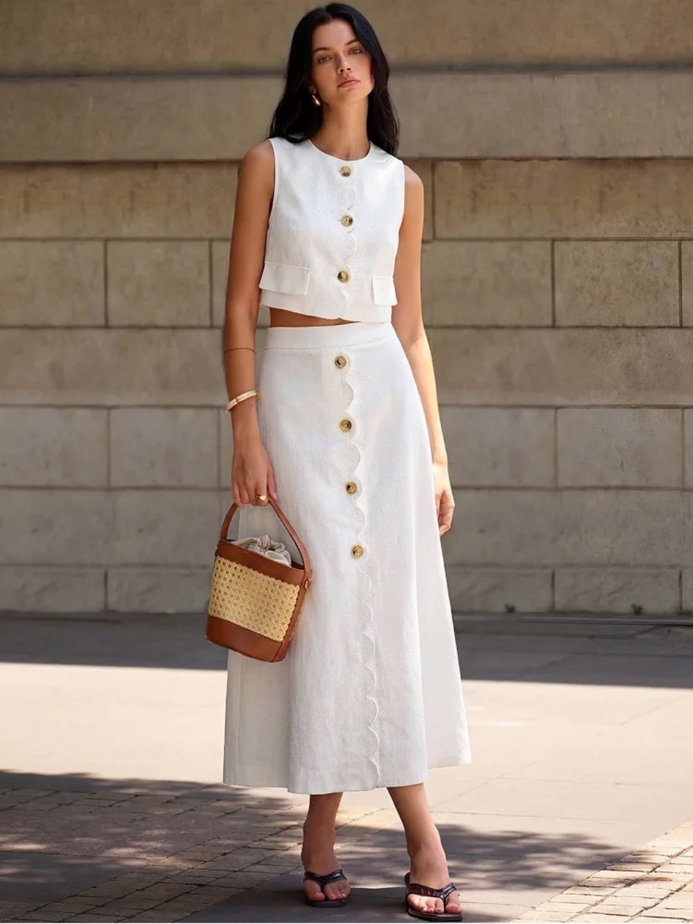 NWT COMMENSE Ivory Scallop Trim Vest & Midi Skirt Matching Set M